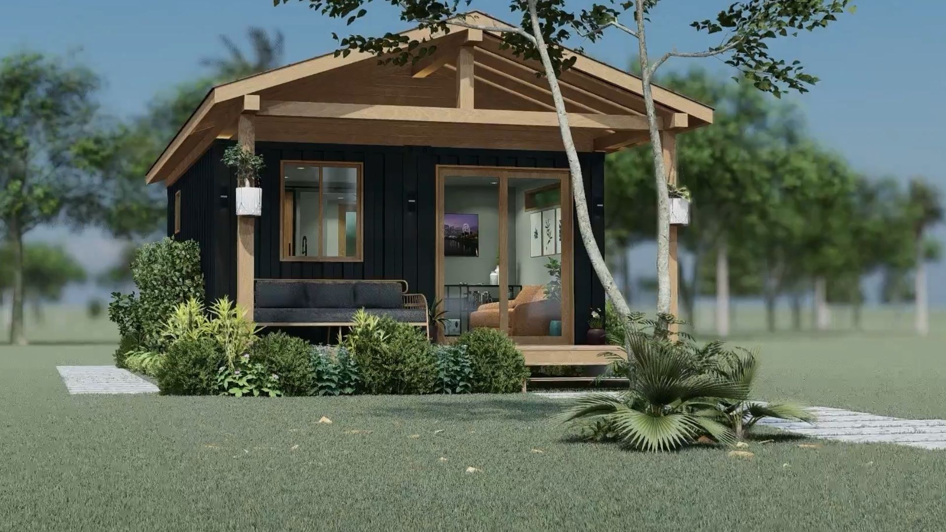 Beautiful container house from the outside, porch and plants around