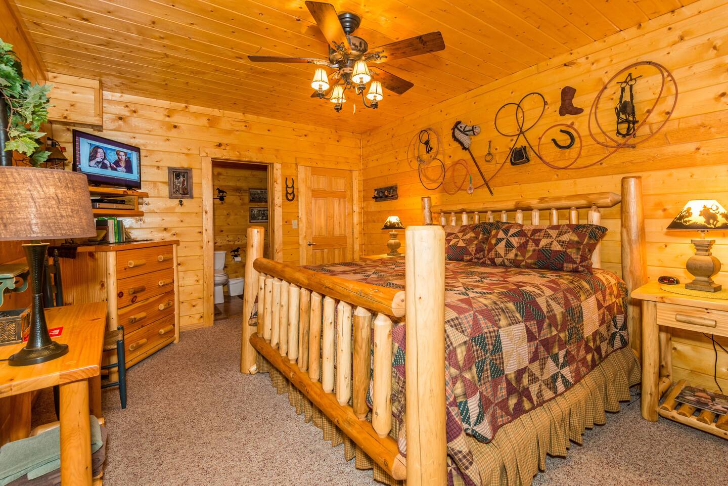 Fairytale Log Cabin bedroom with colorful sheet