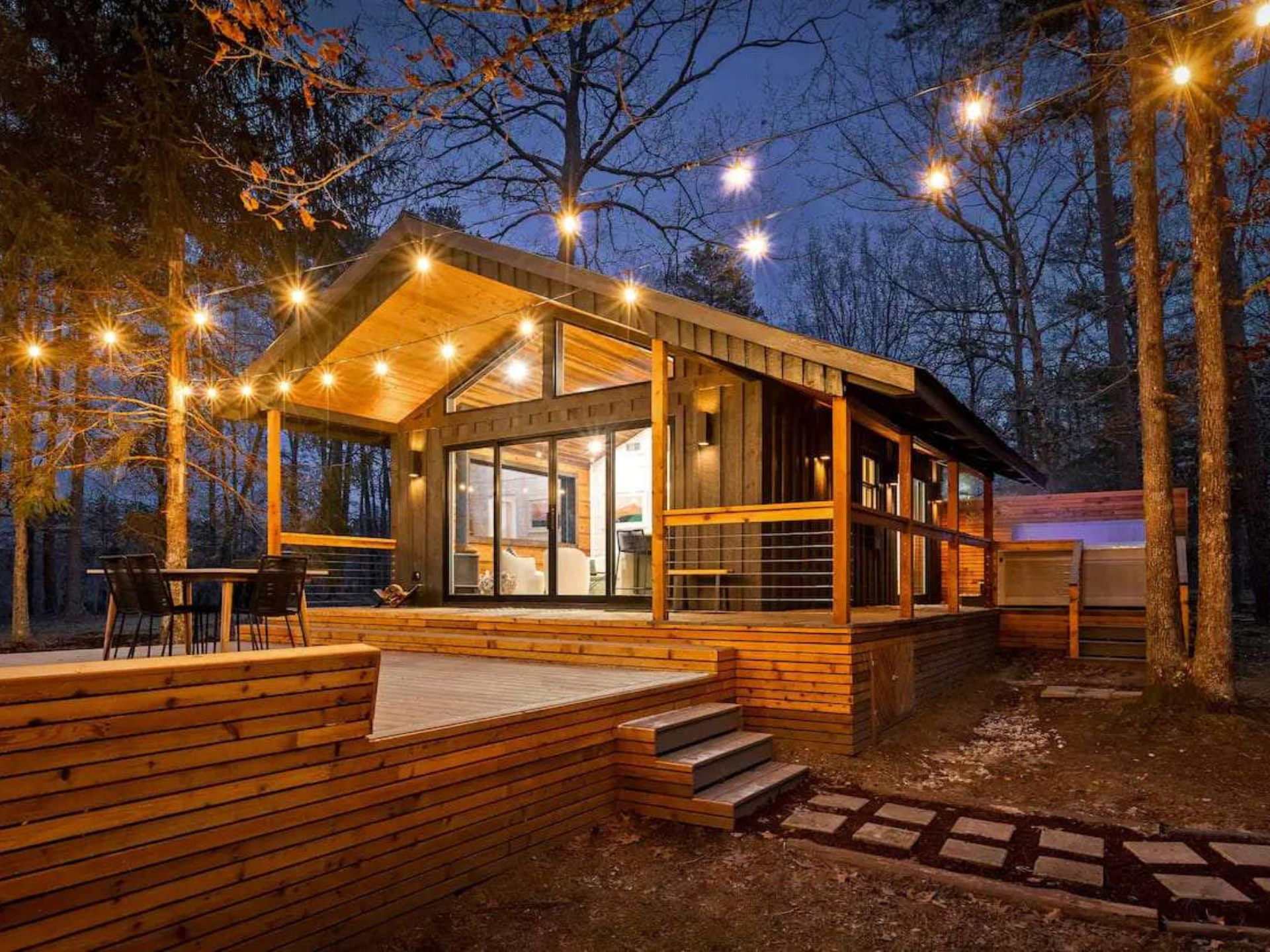 Beautiful cabin in the dark with a light balls