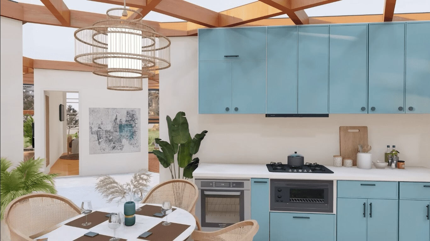 Light blue kitchen with a black kitchen facilities