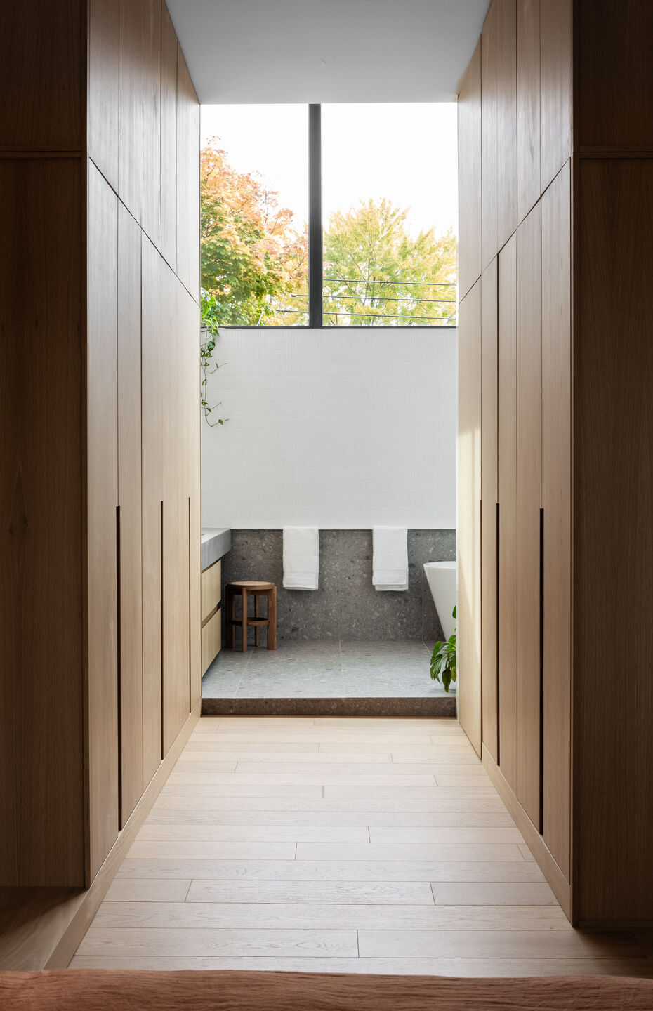 Toilette entrance with wooden closets on both sides