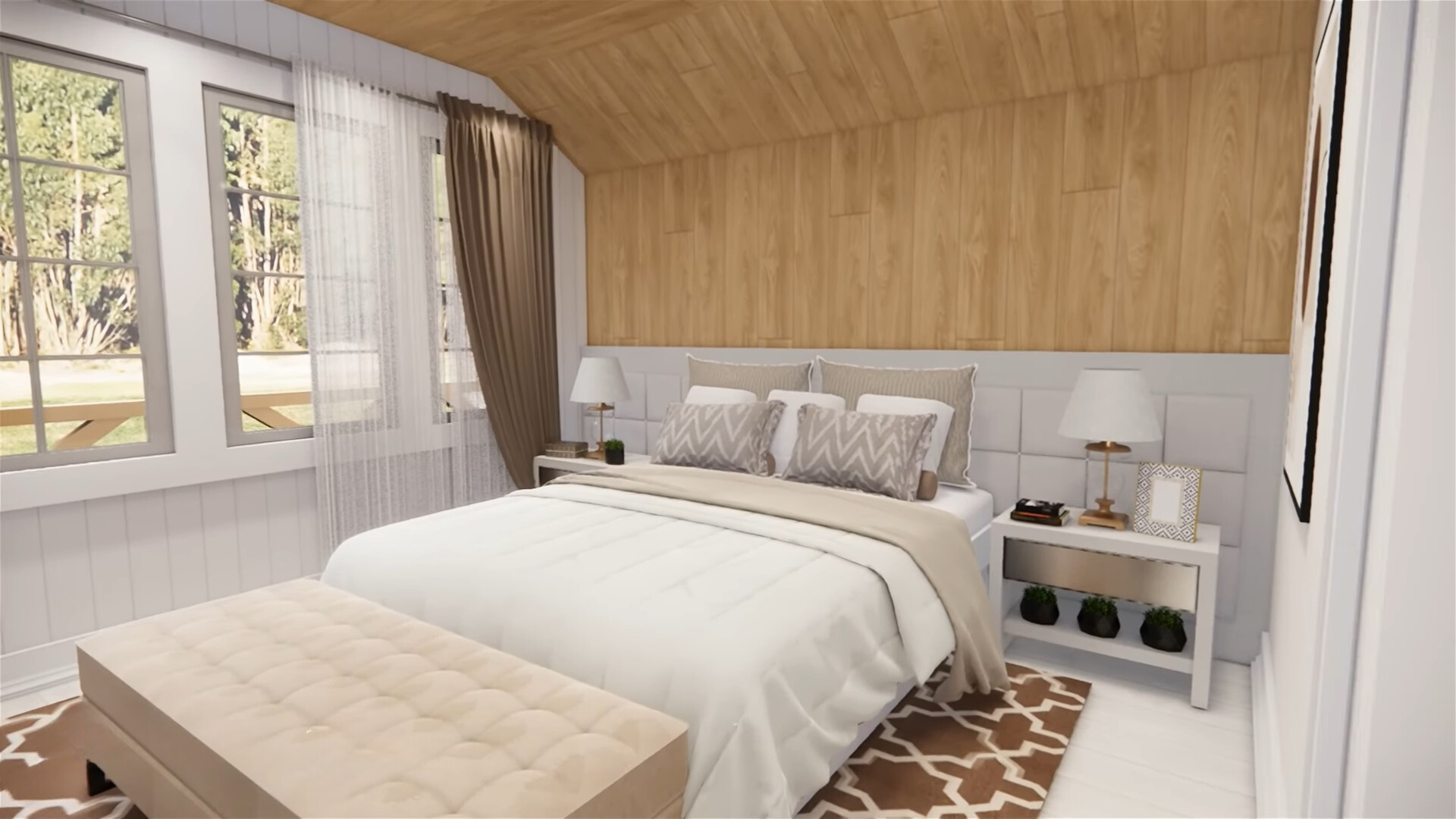 bedroom with bedside tables on both sides and lamps on them, wooden ceiling