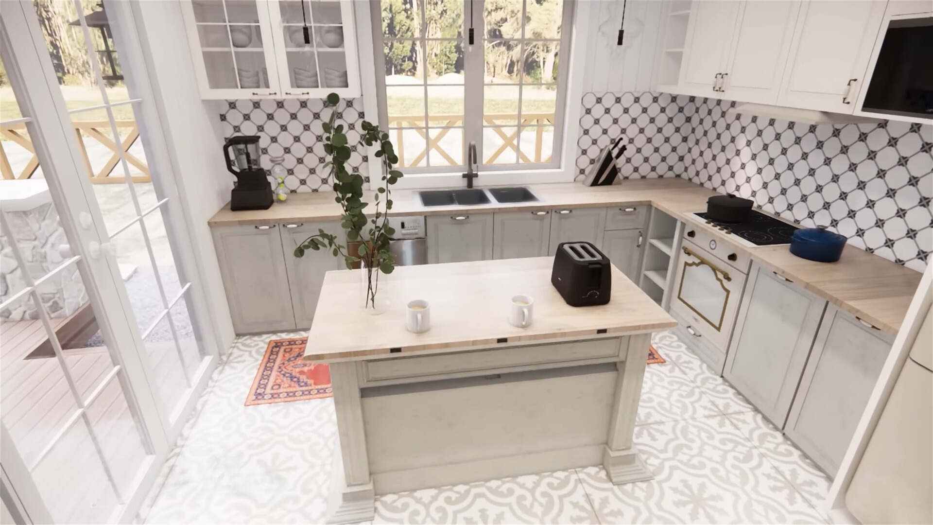 minimalist kitchen, white cabinets on top and light grey cabinets and island on the bottom, wooden countertop, patterned tiles between the cabinets