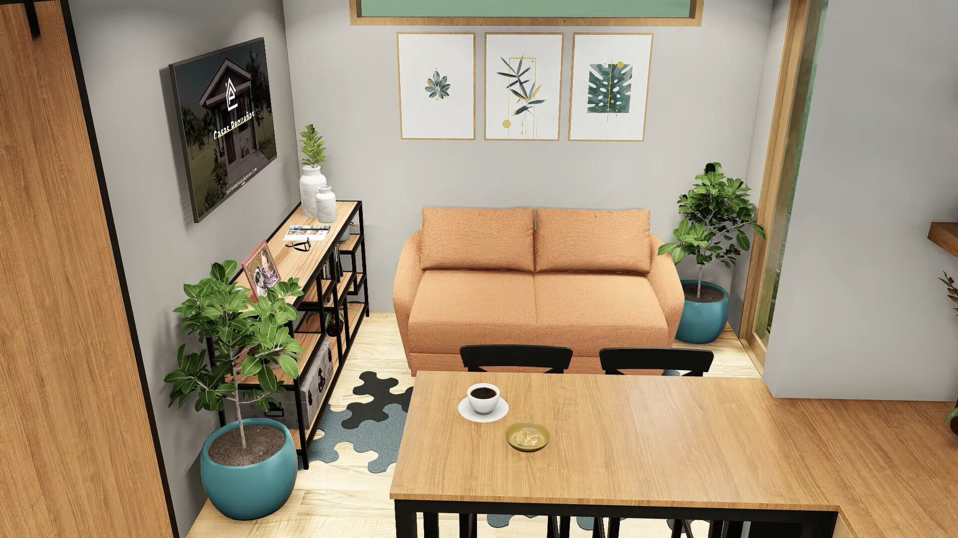 living room with an orange sofa, flat screen tv, plants and dining table