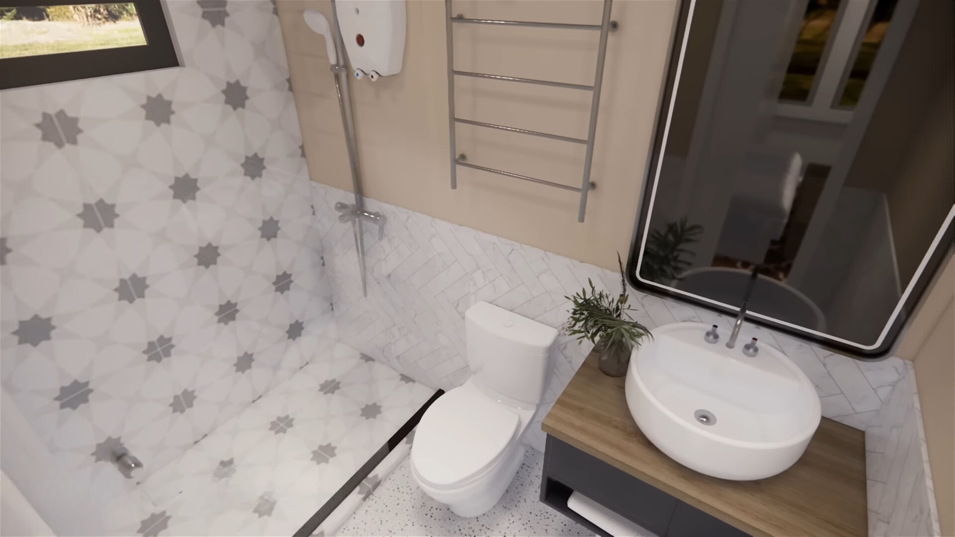 bathroom with a glass shower, toilet, little cabinet with a sink, patterned tiles