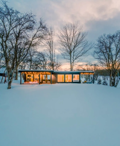 container house from the outside with snow around, winter time