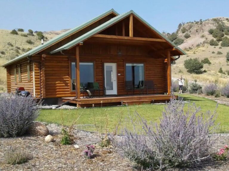 exterior of a brown cabin surrounded by nature