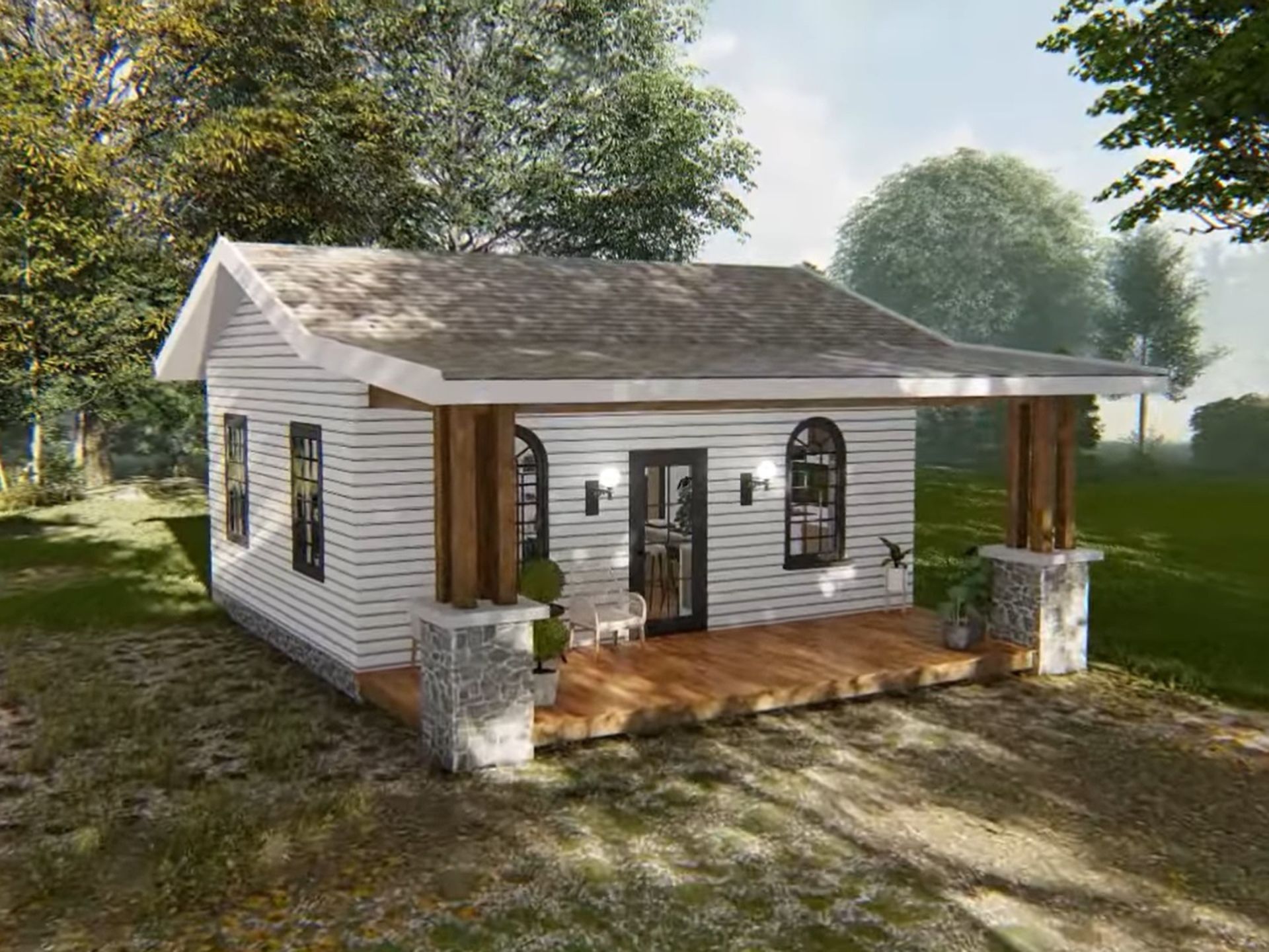exterior of a tiny house with white walls and a porch