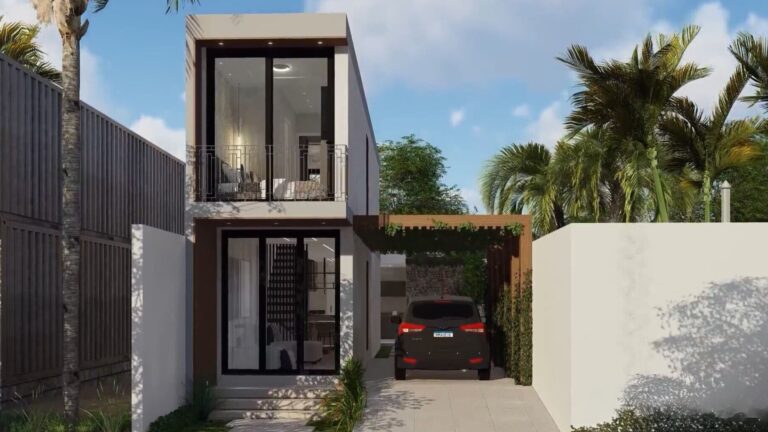 exterior of a two-story modern shipping container