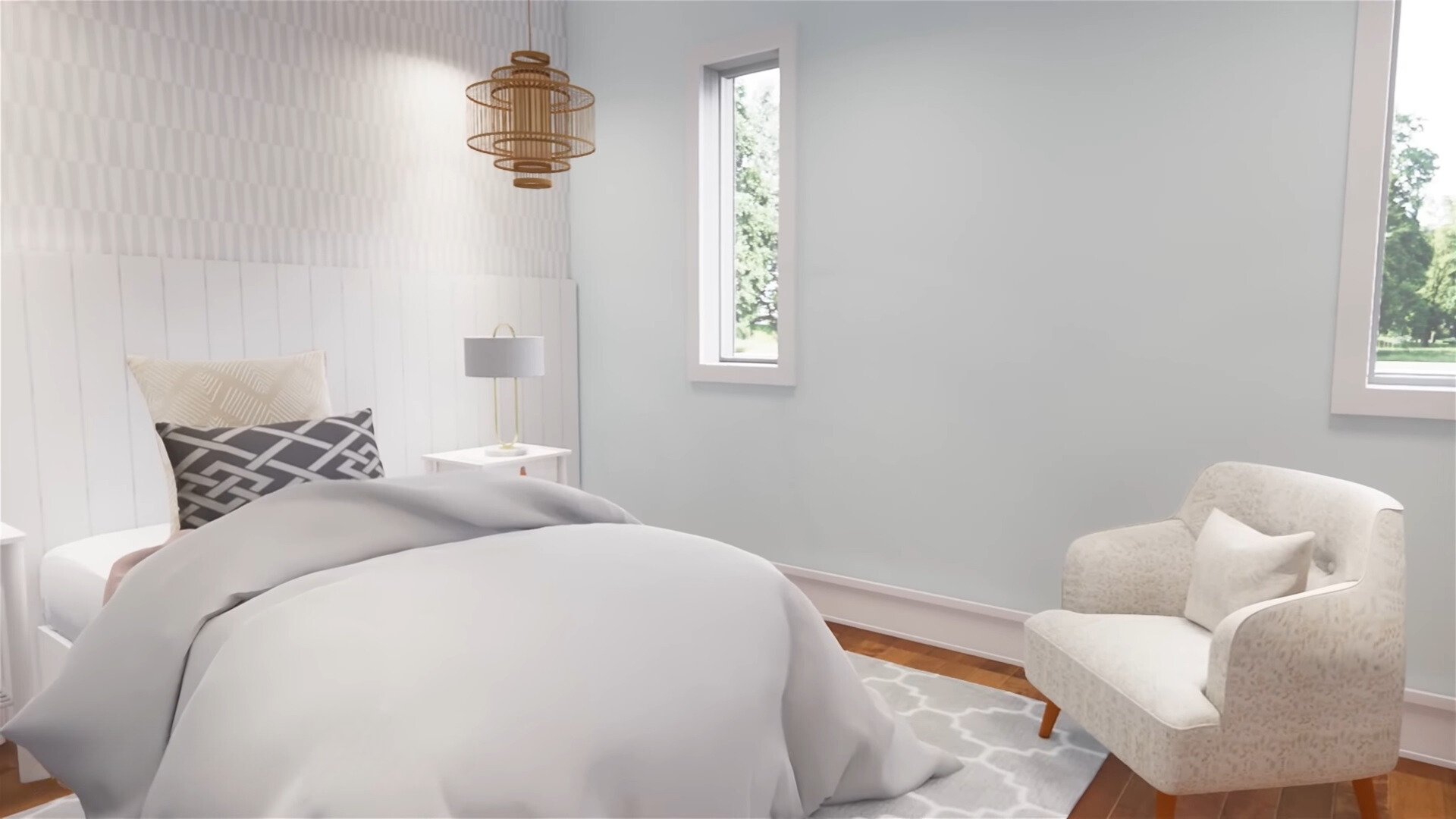 white bedroom with a bed and a white chair in the corner