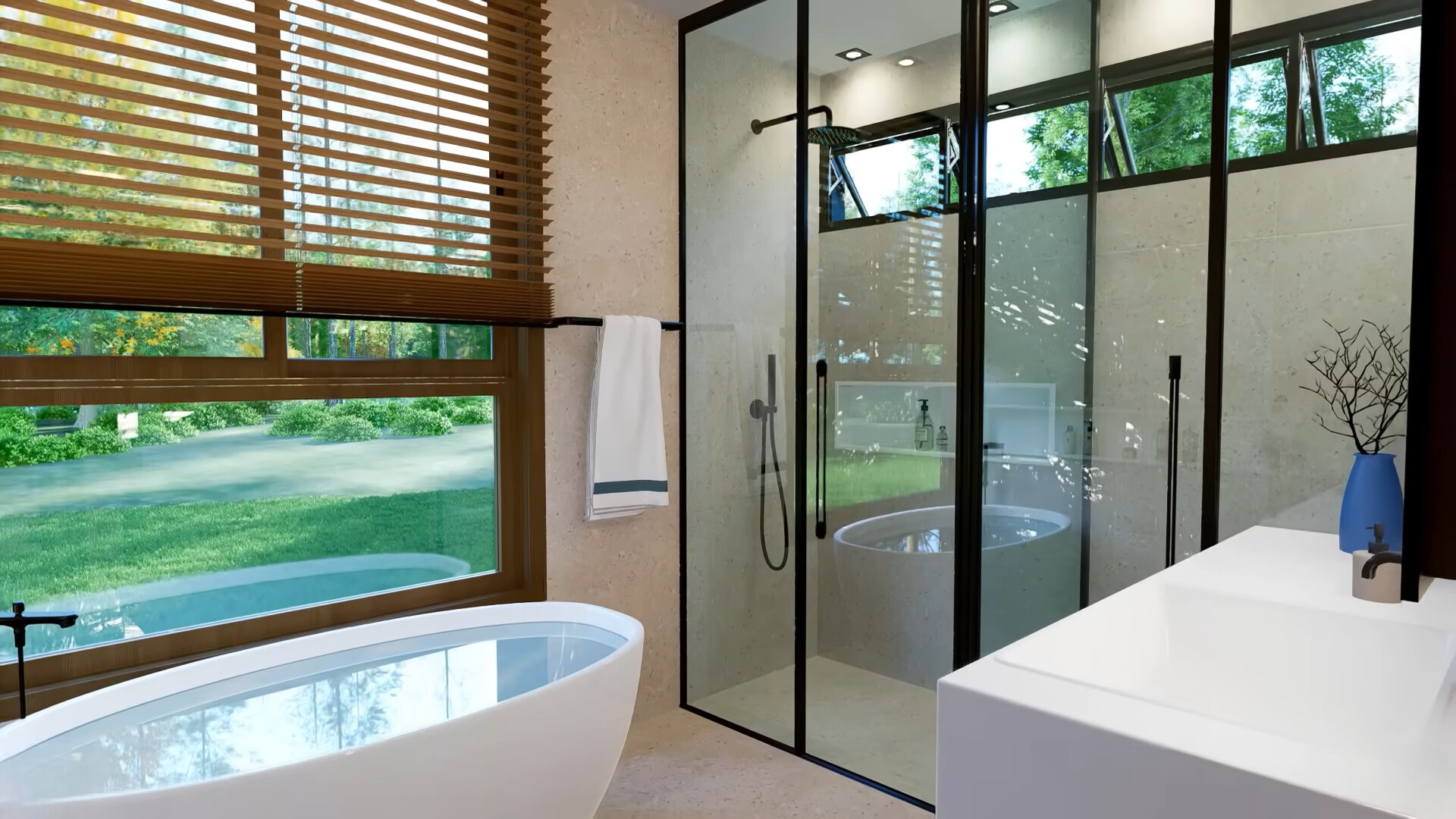 bathroom with a white bathtub and glas shower