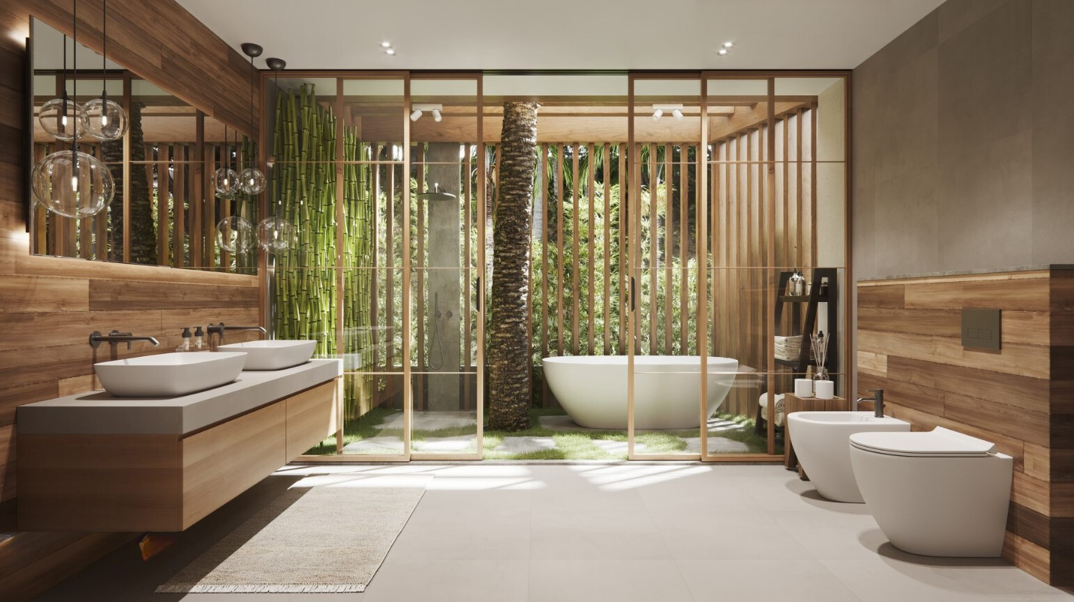bathroom with a palm tree and glass doors