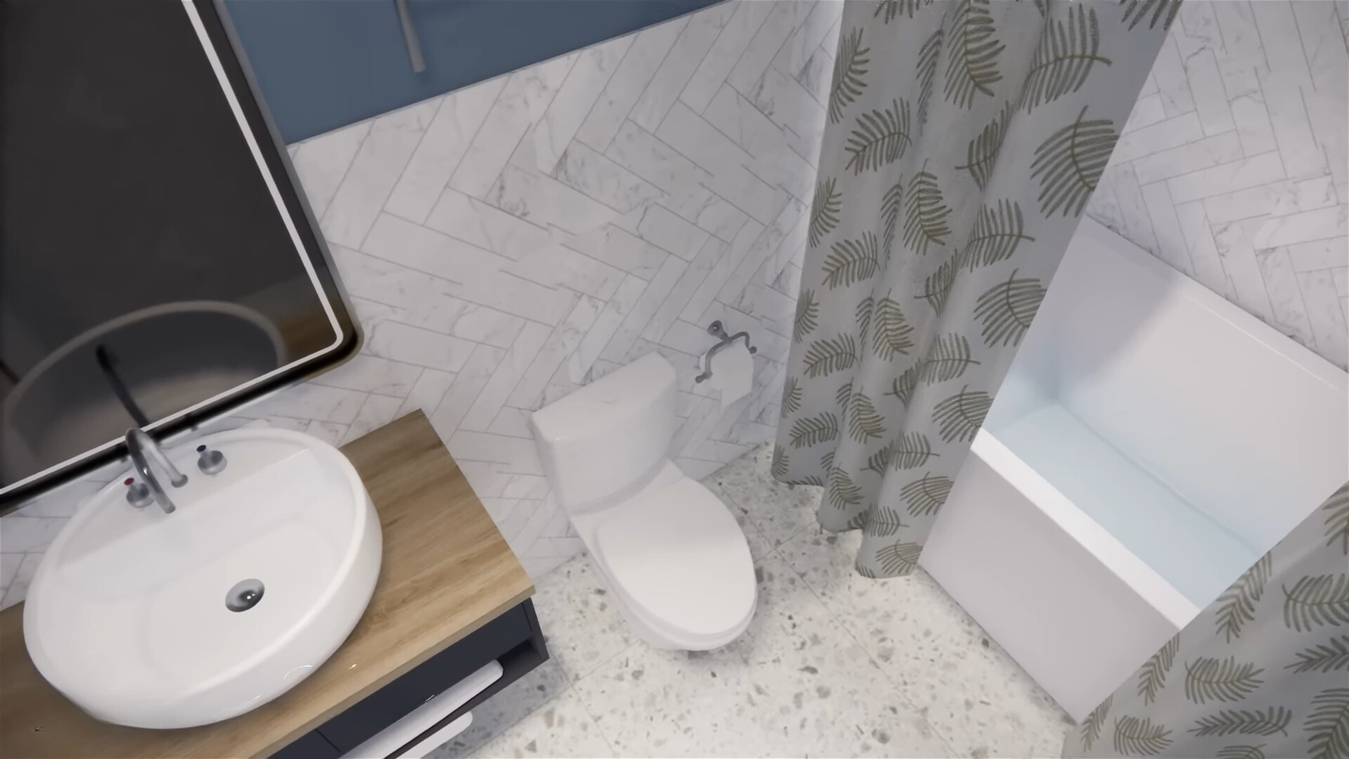 bathroom with a white toilet, black cabinet, mirror and white bathrub