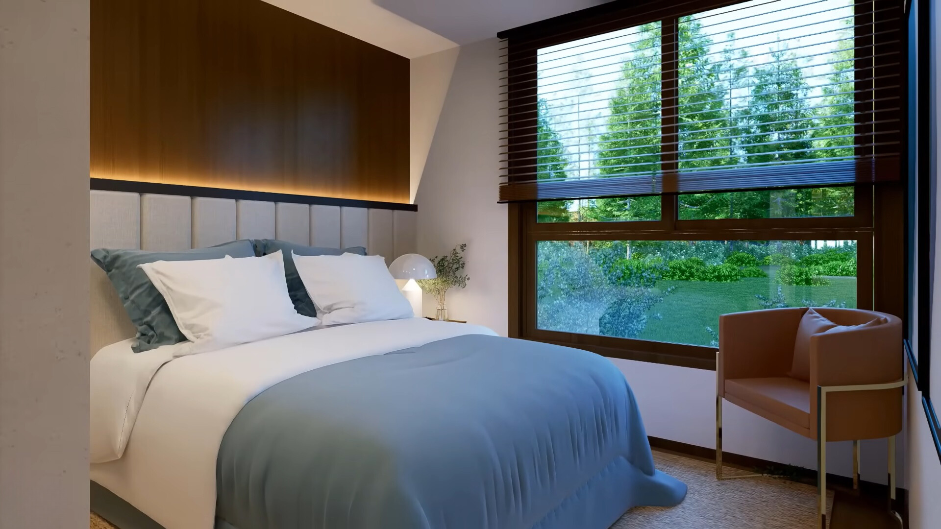 bedroom with a comfy bed, a huge window and a brown chair in the corner