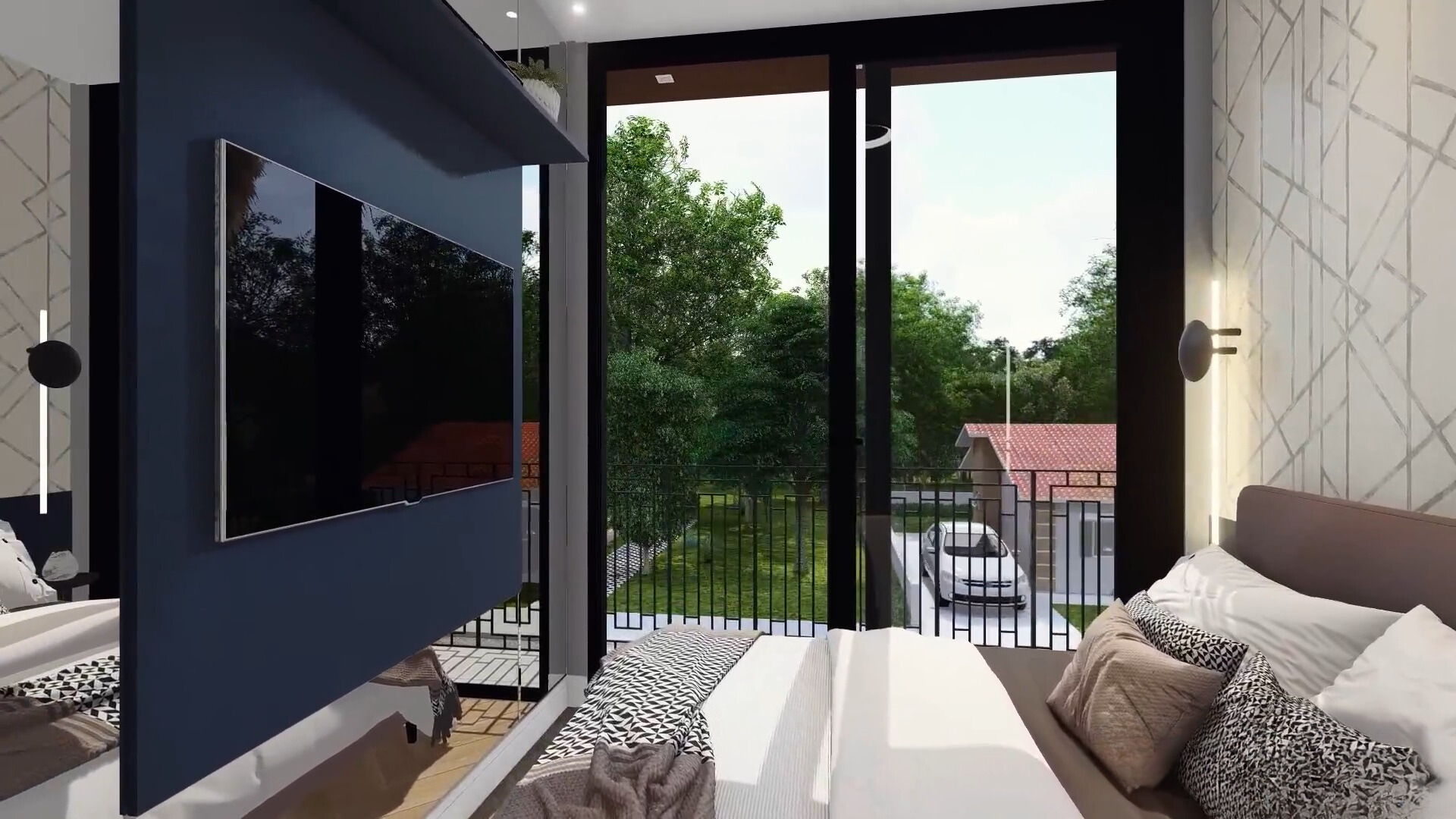bedroom with a huge flat screen tv and a glass balcony
