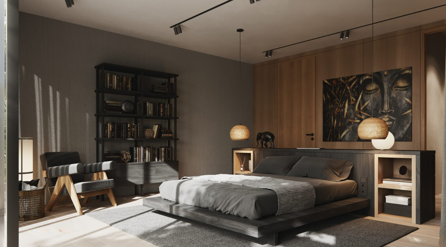 bedroom with dark walls and a black shelf