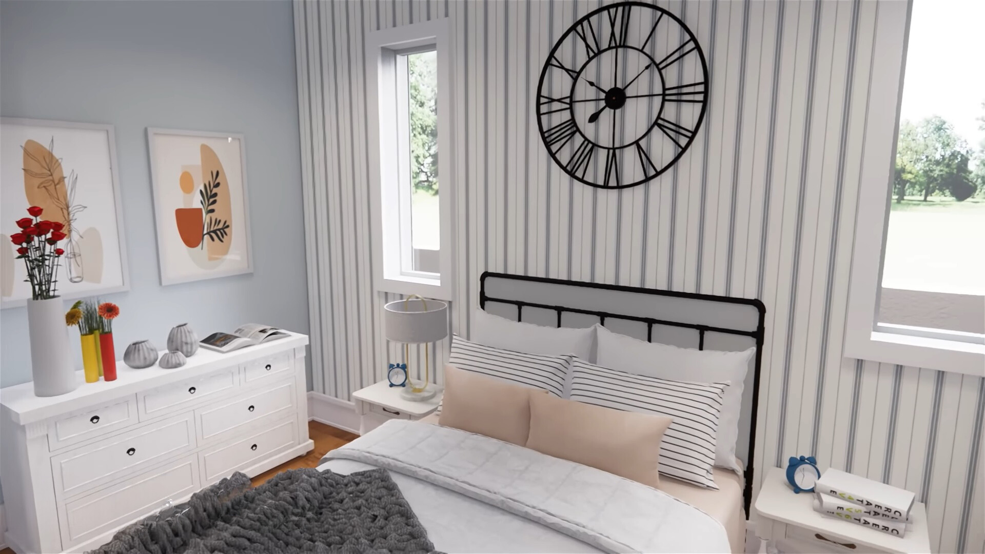 bedroom with two windows on each side of the bed, a white cabinet and white bedside tables