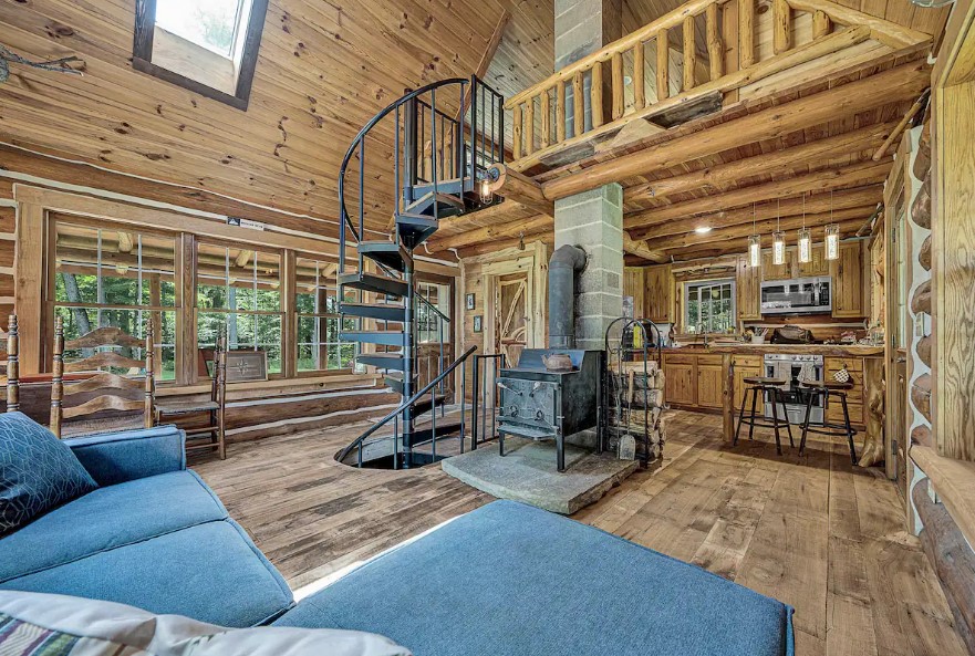 black spiral staircase in a cabin