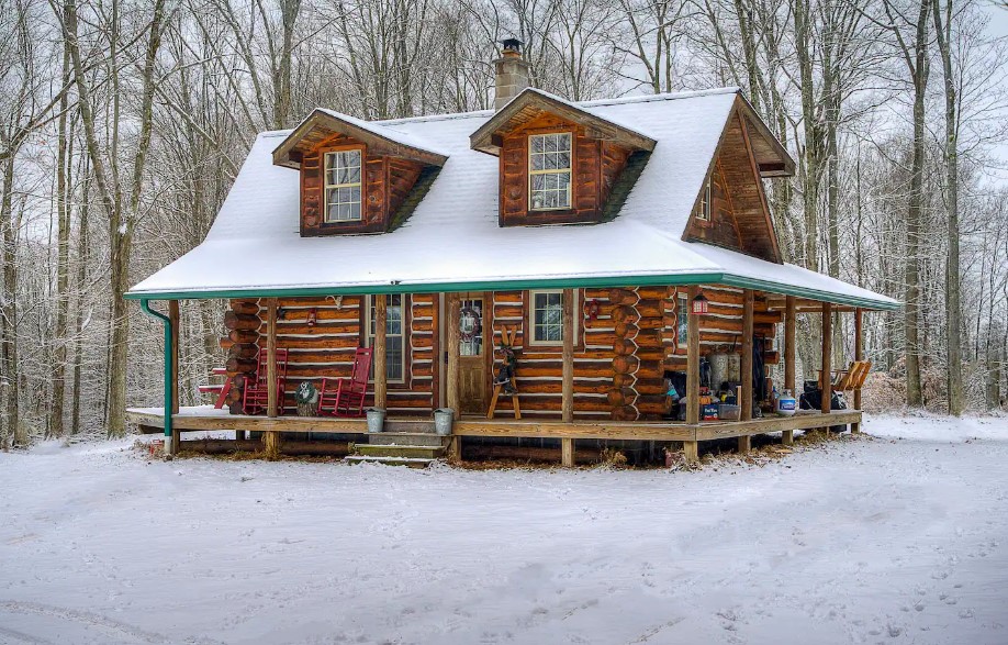 exterior of a wooden cabin in the snow