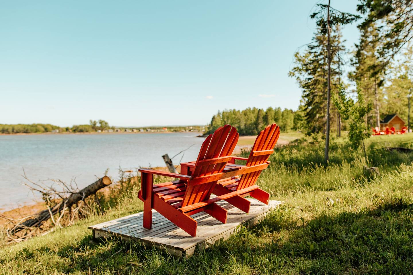 red chairs overlooking the lake