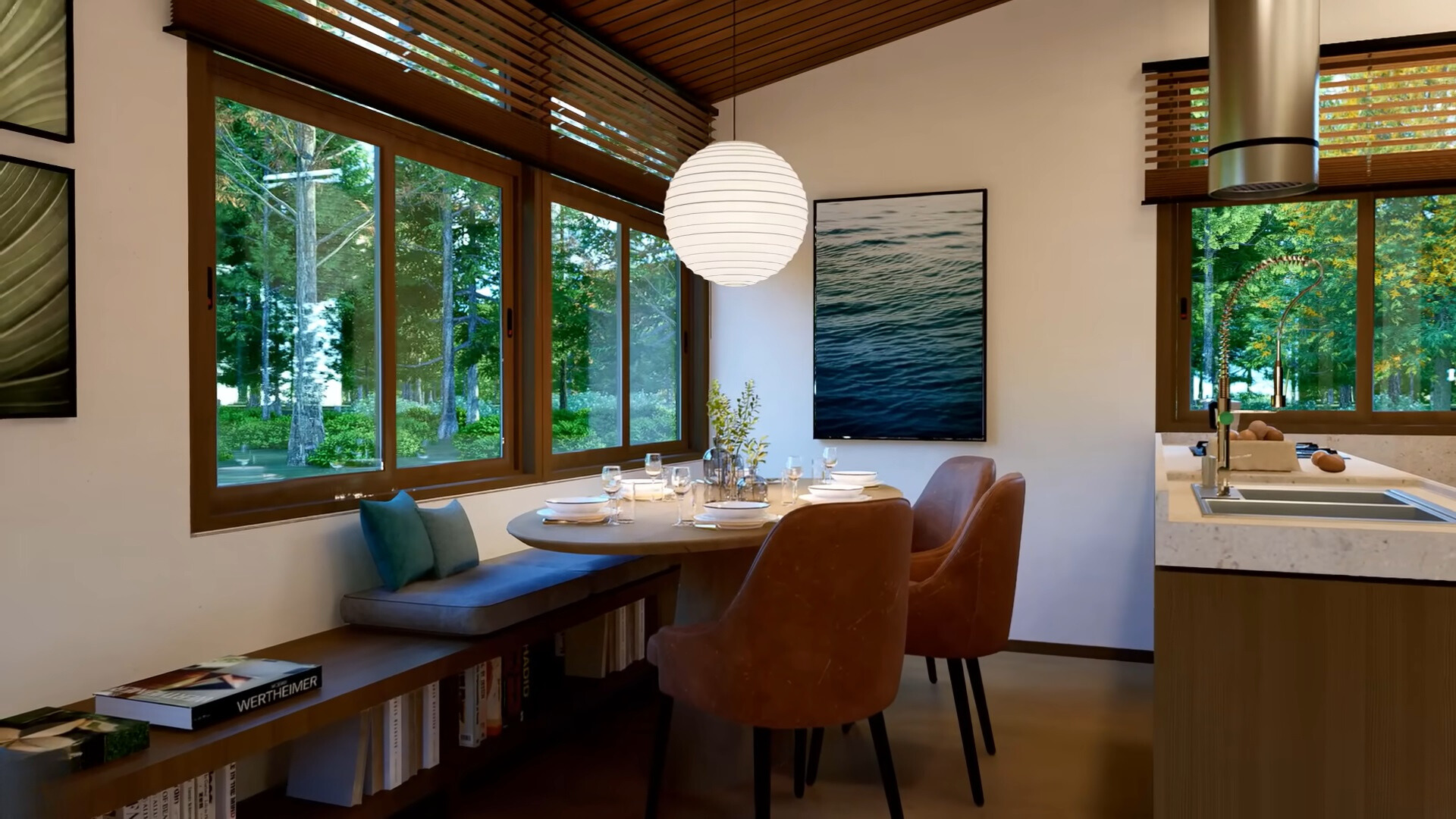 brown dining table and brown chairs next to big windows