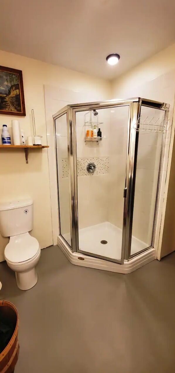 bathroom with a toilet and glass shower