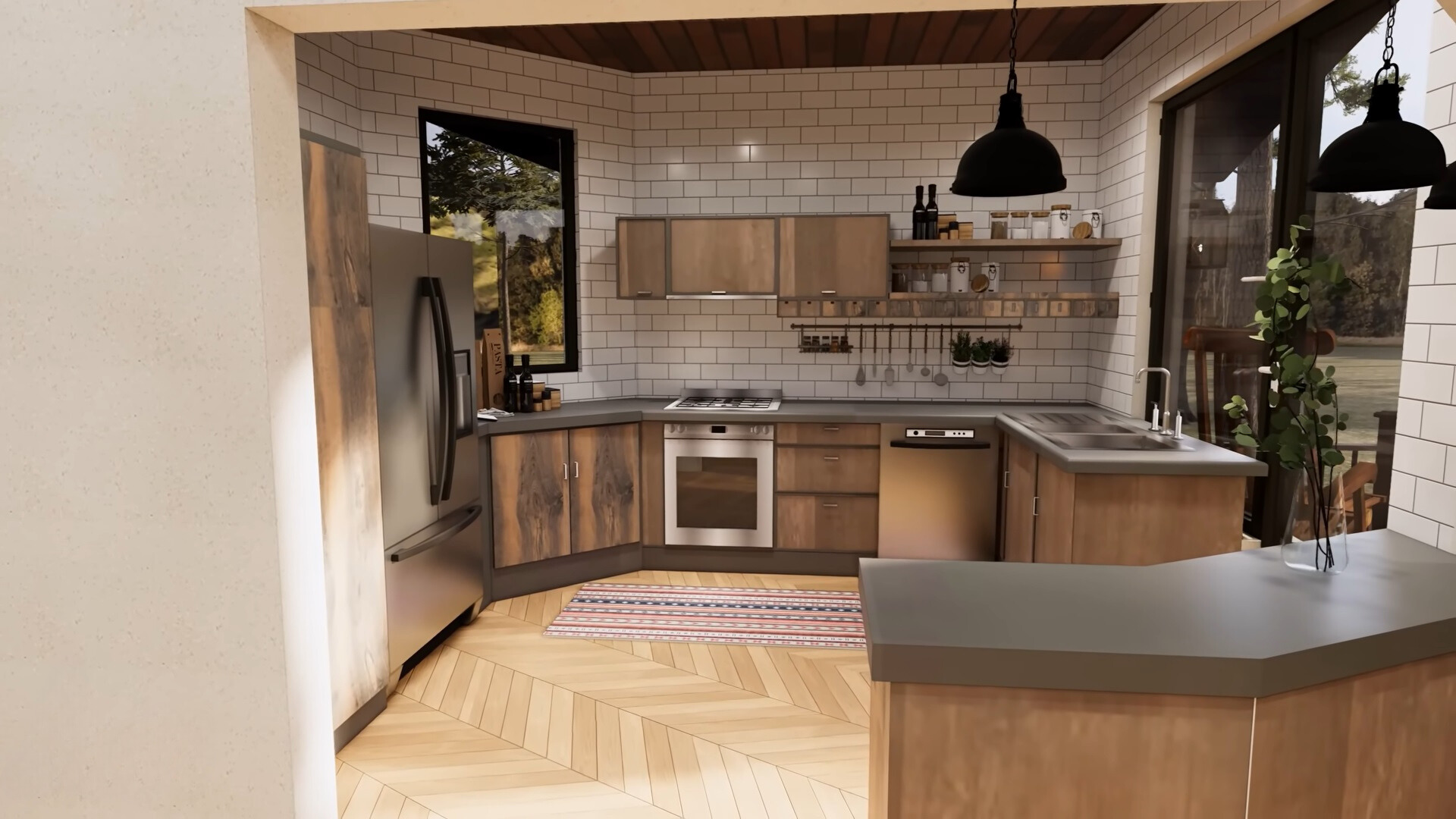 kitchen with brown cabinets, see through doors