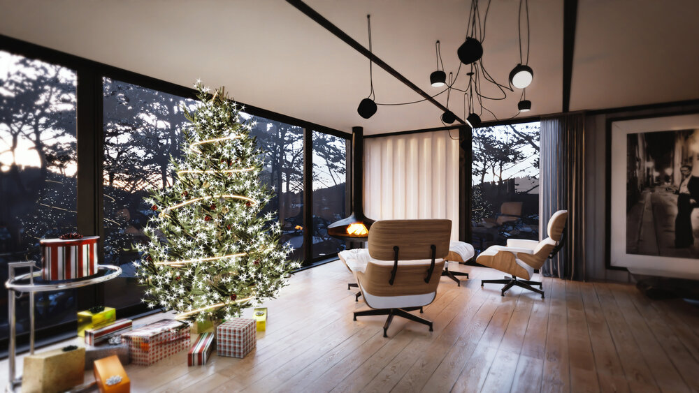 living room of a container decorated during christmas