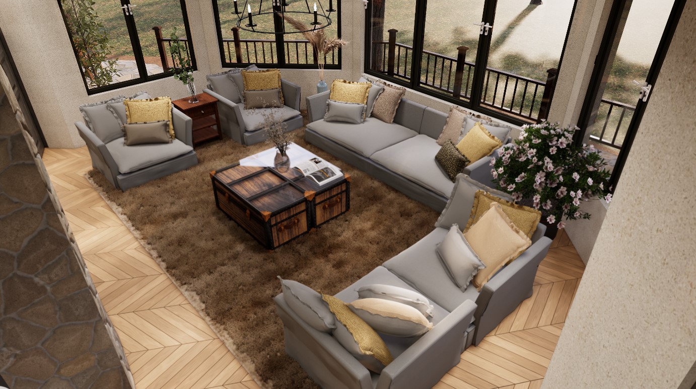 living room with a gray couch and sofas, brown table in the middle and a brown carpet