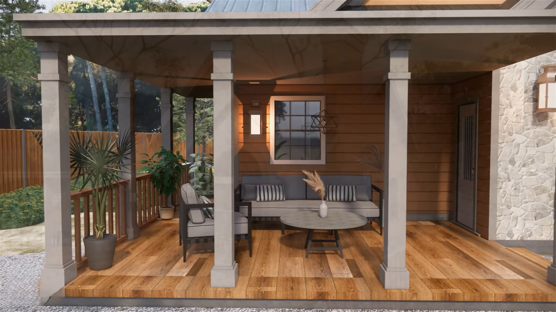 porch of a tiny house with a gray sofa and a chair