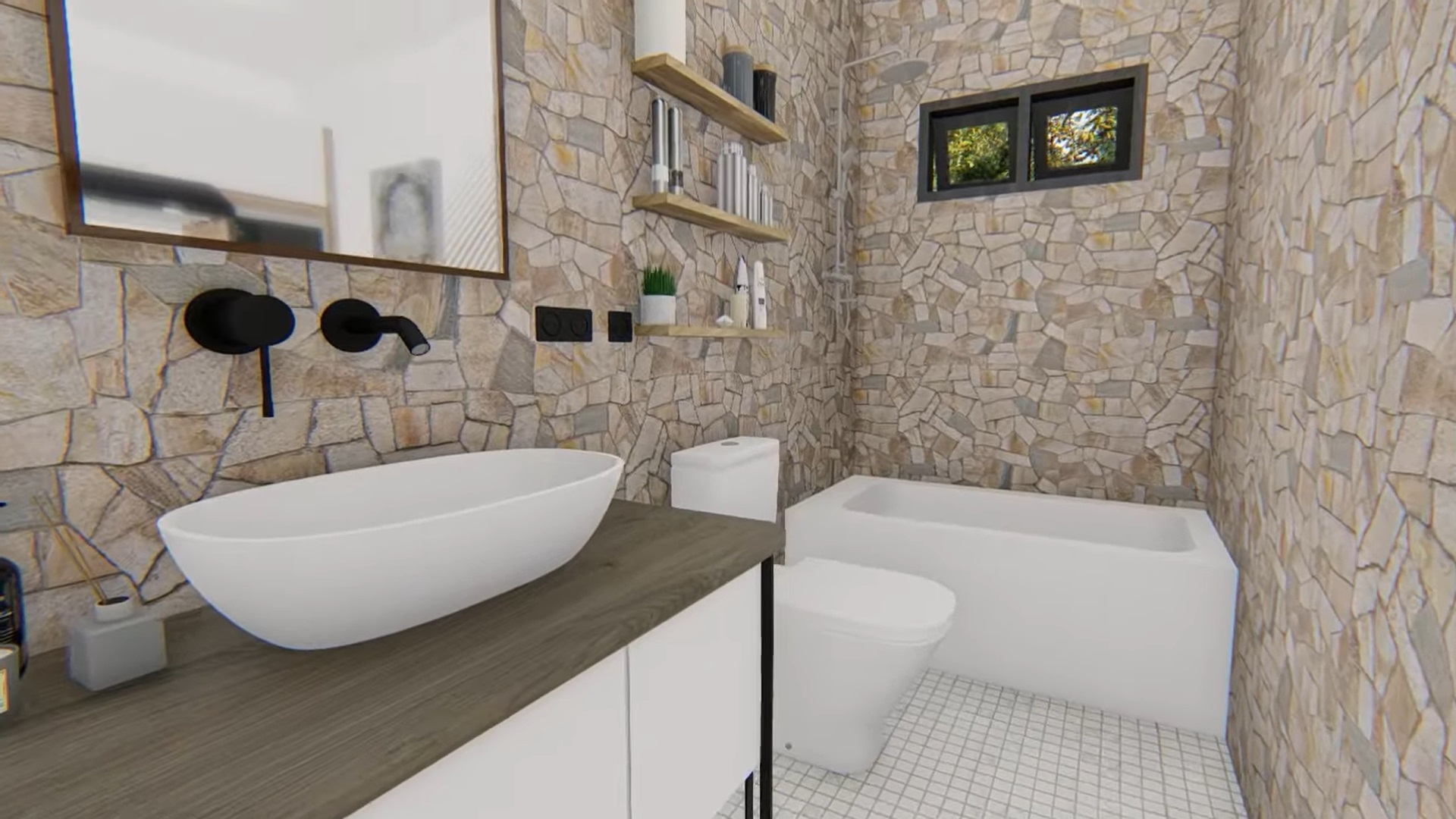 bathroom with embedded stone and a white bath and a white sink