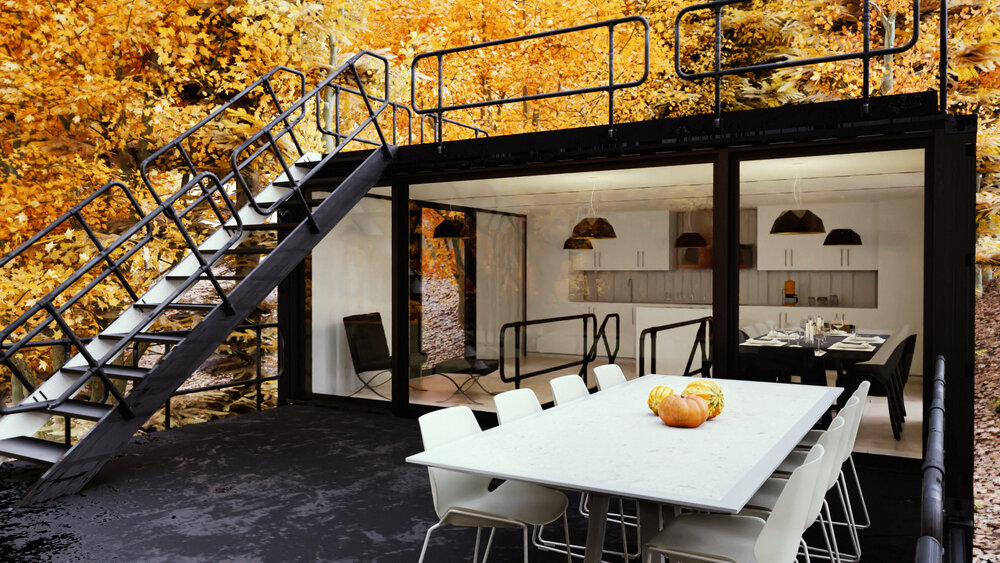 double terrace of a container house, big white dining table with chairs around it