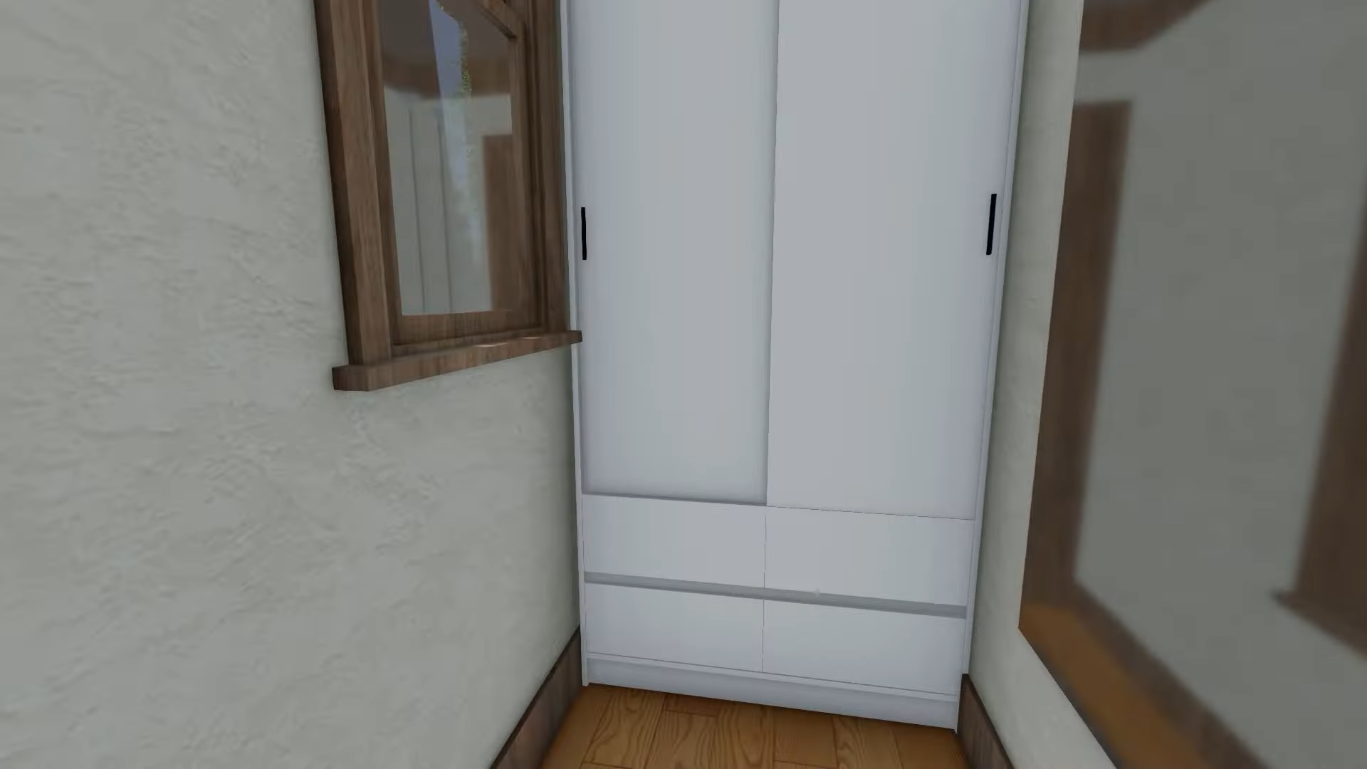 a walk in closet with a white closet and a mirror