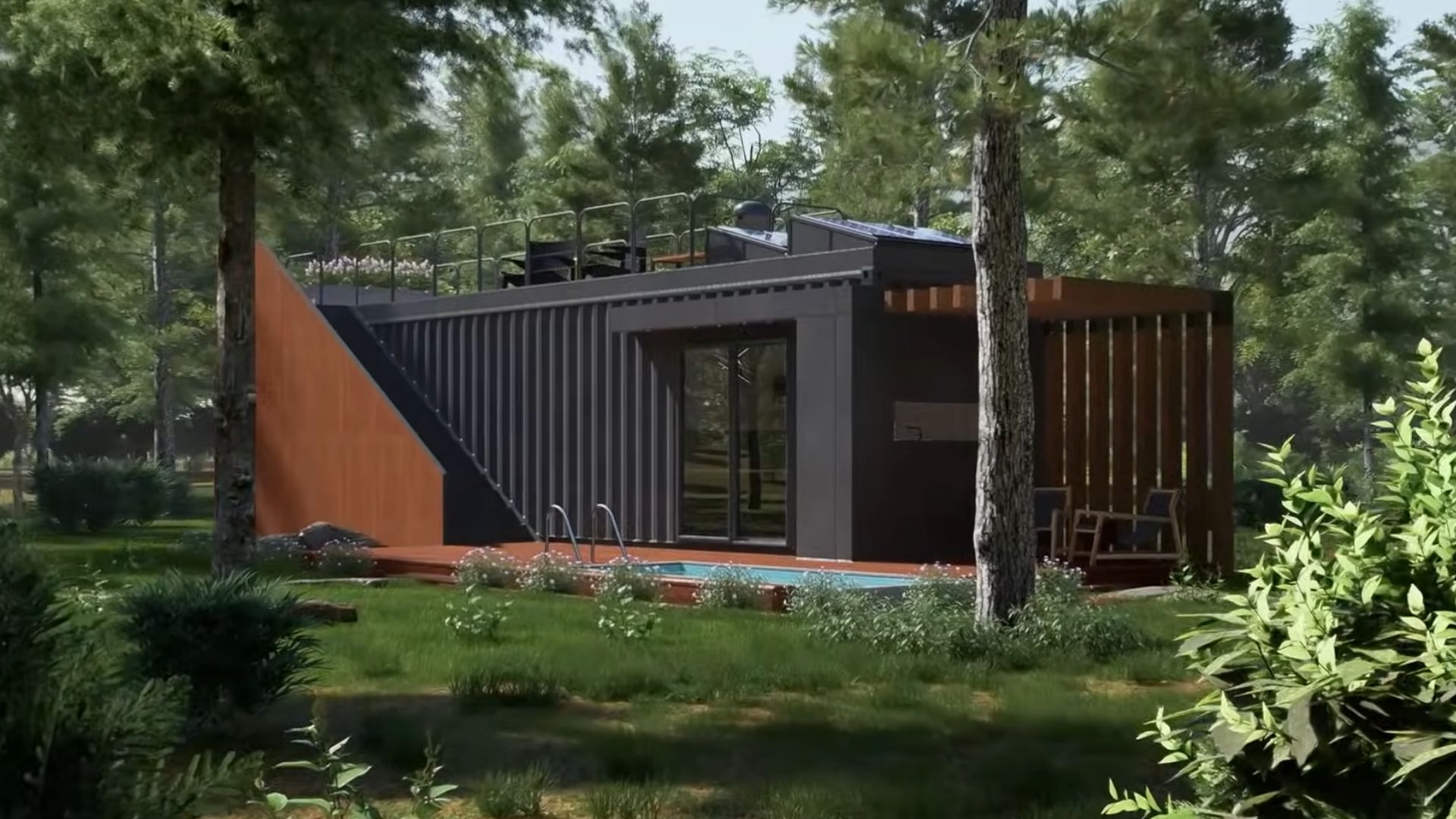 a long shot photo of the container house in black and wood, surrounded by trees and greenery