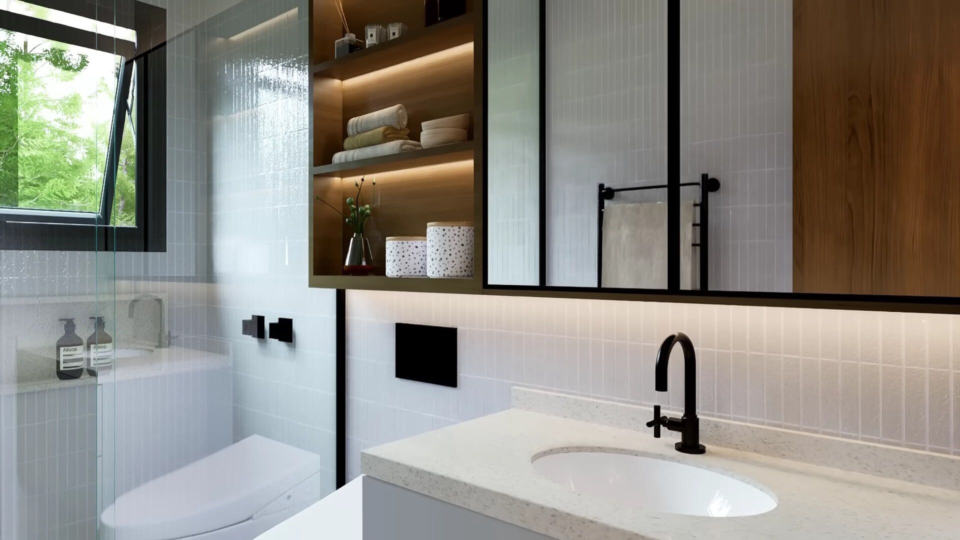 Bathroom with white tile and wooden shelves