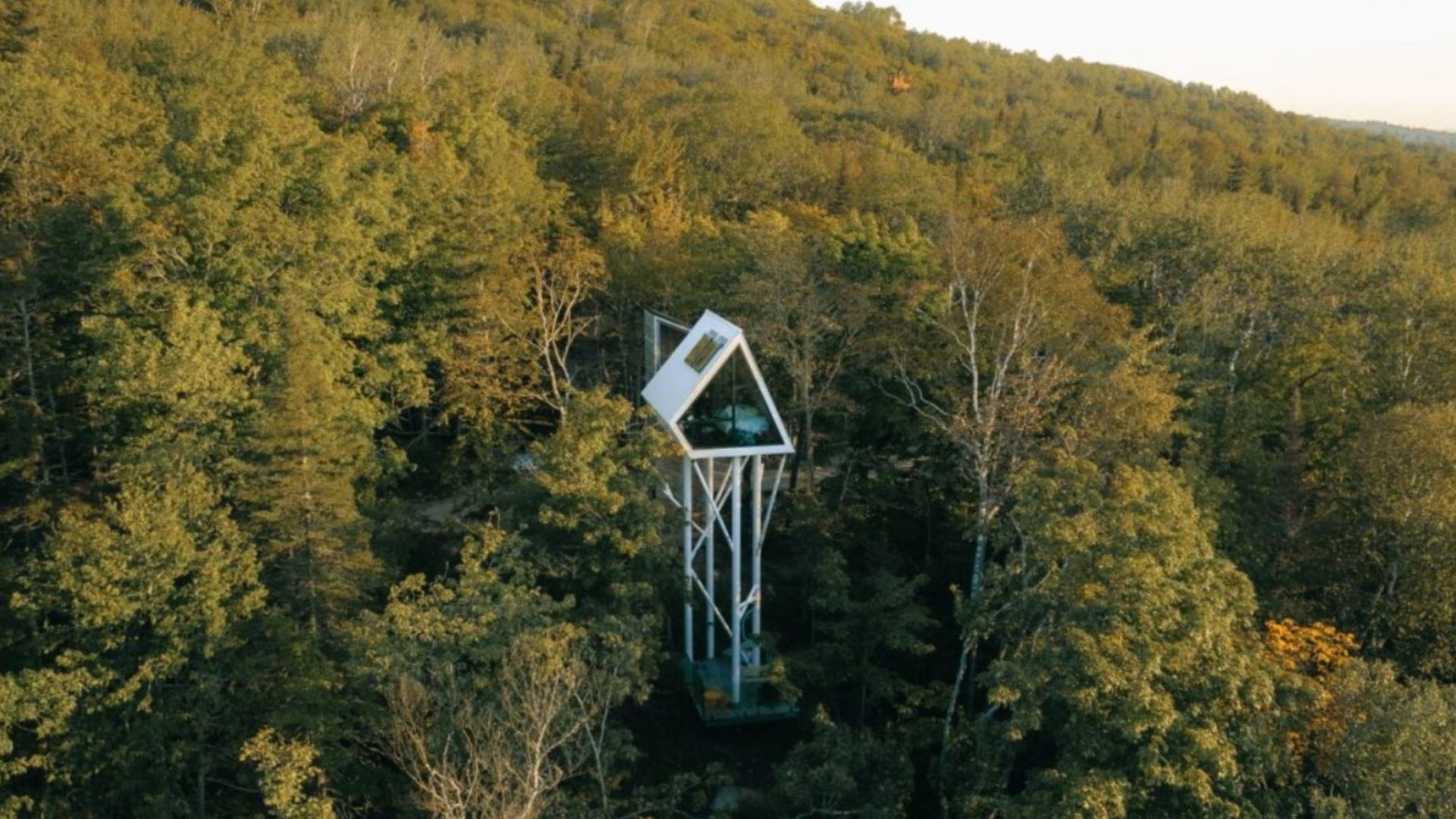 White diamond shaped cabin in forest