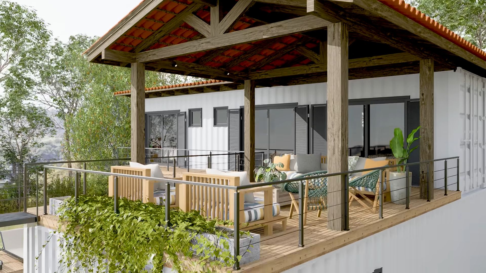 Covered terrace with plants and wooden floor