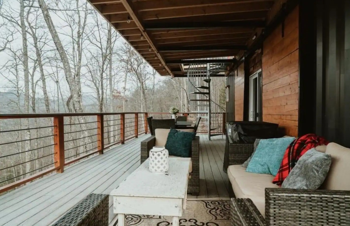 Large wooden deck with sitting area