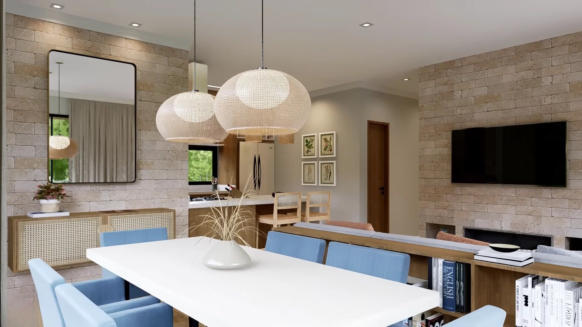 dining room with light fixtures above table