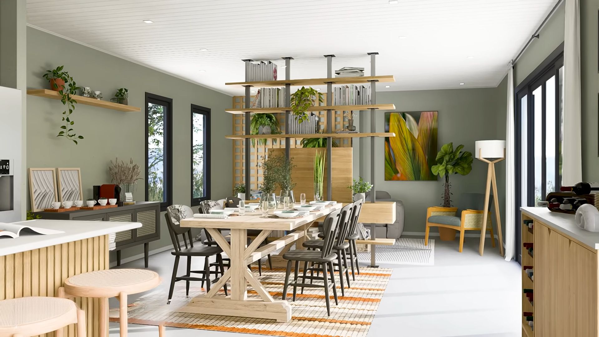 Dining room with wooden table, gray chairs and a colorful rug