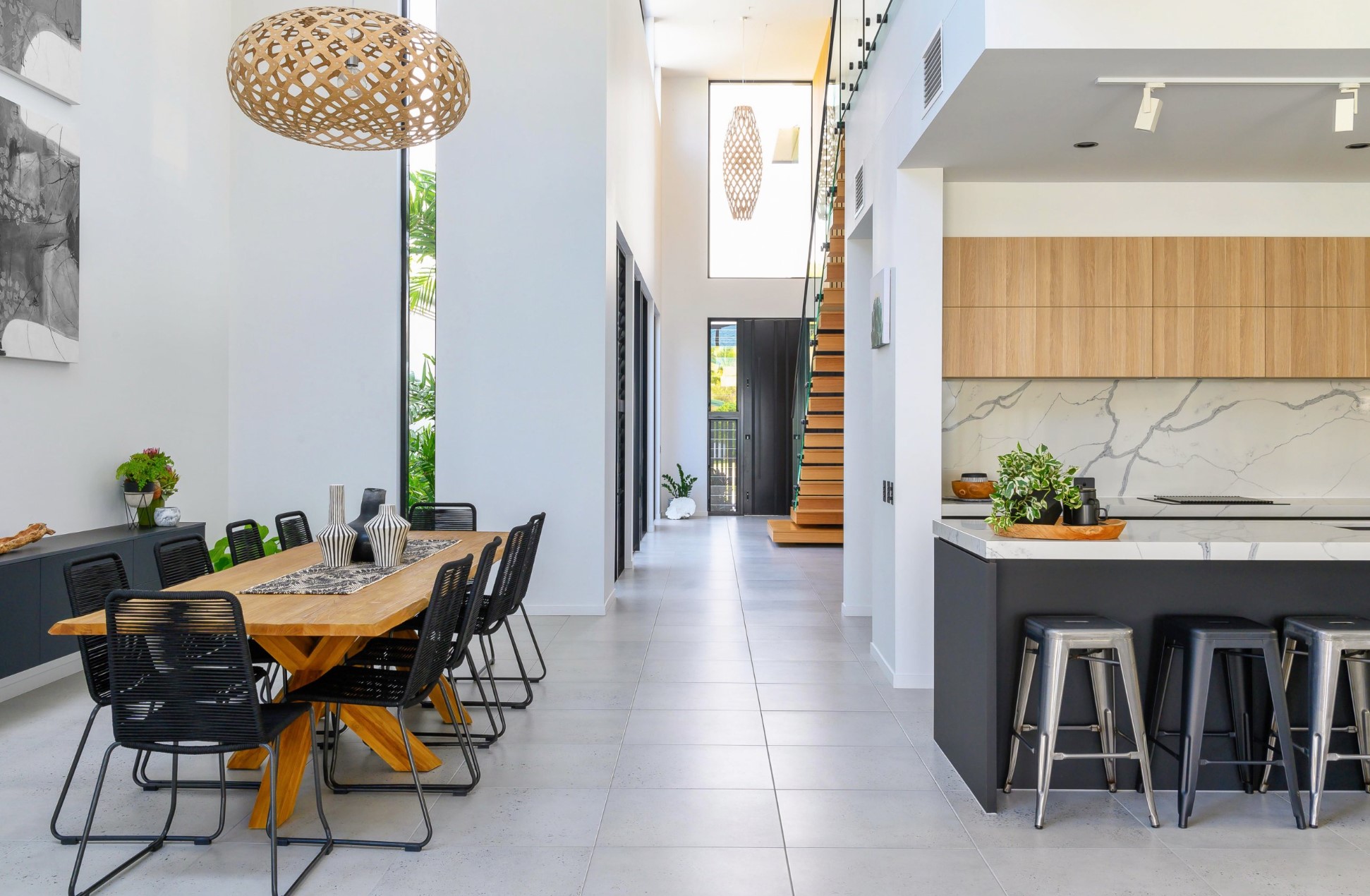 Modern dining room with long table