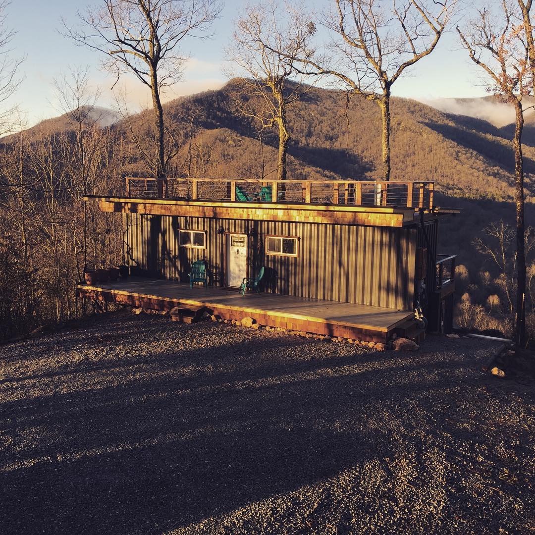 Exterior of container cabin in the mountain