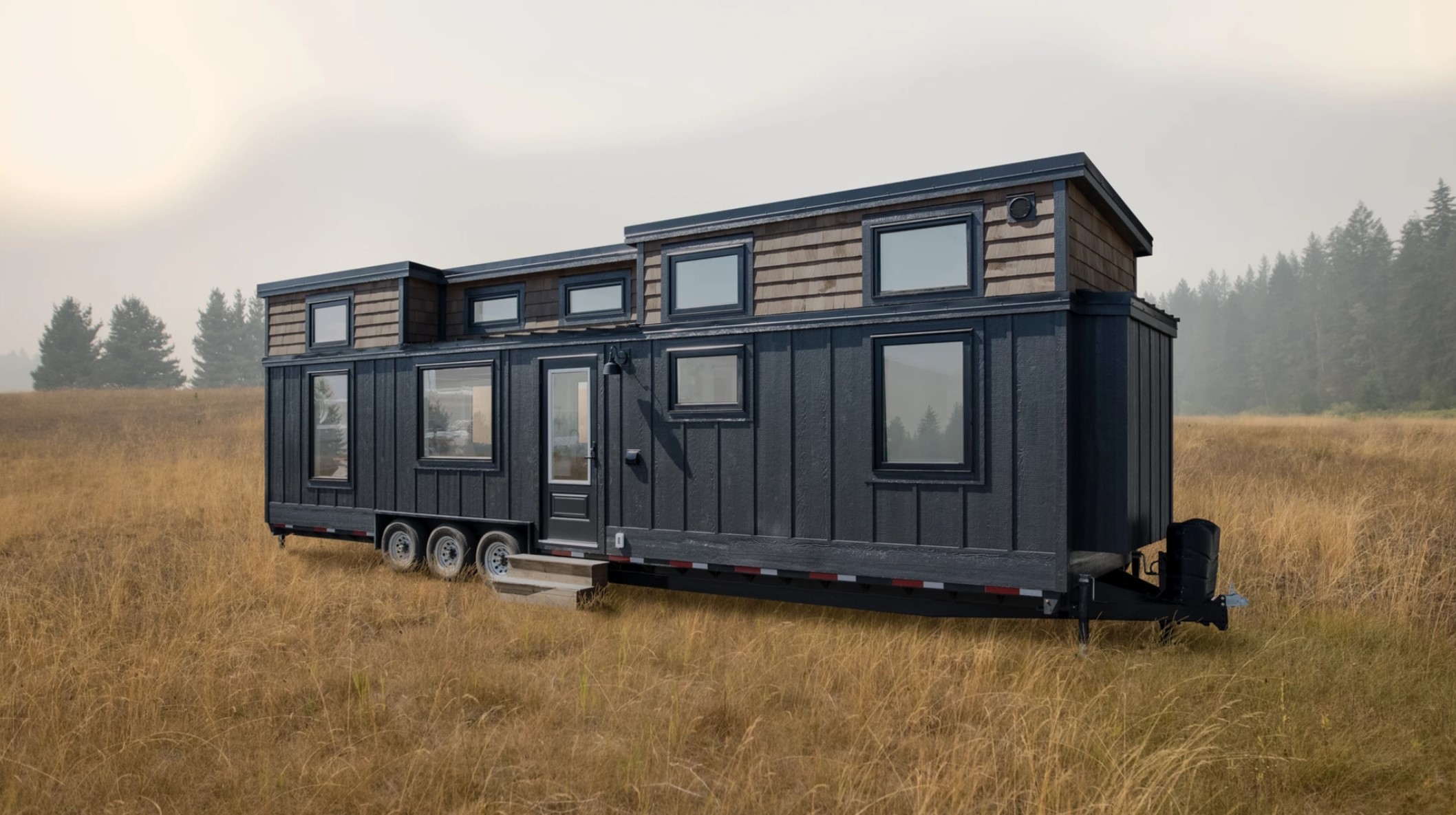 Exterior of tiny house in a field