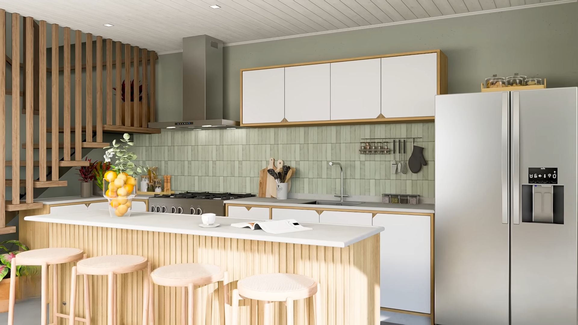 Kitchen with white cupboards, gray fridge and a wooden island