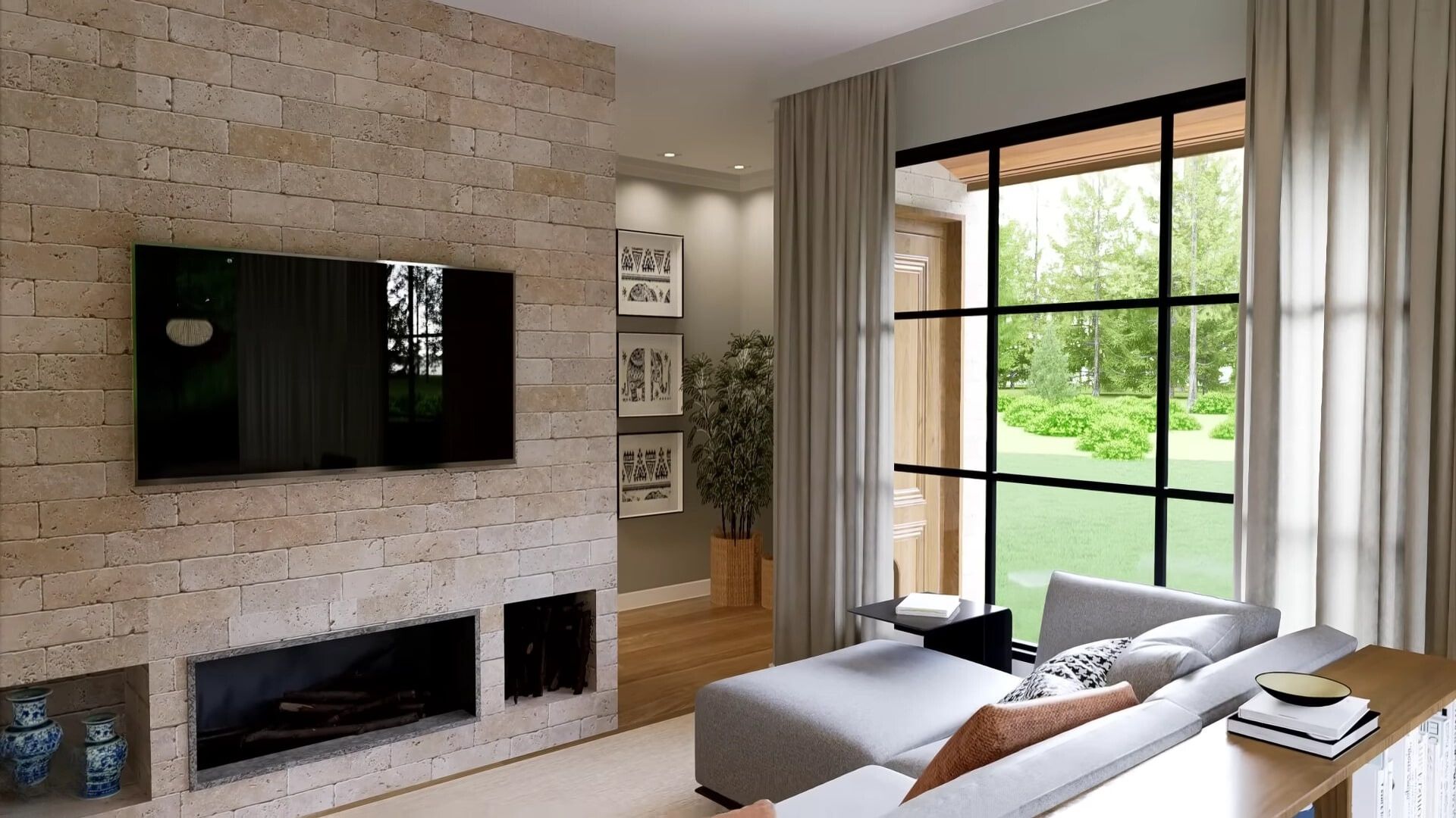 Living room with tv on brick wall