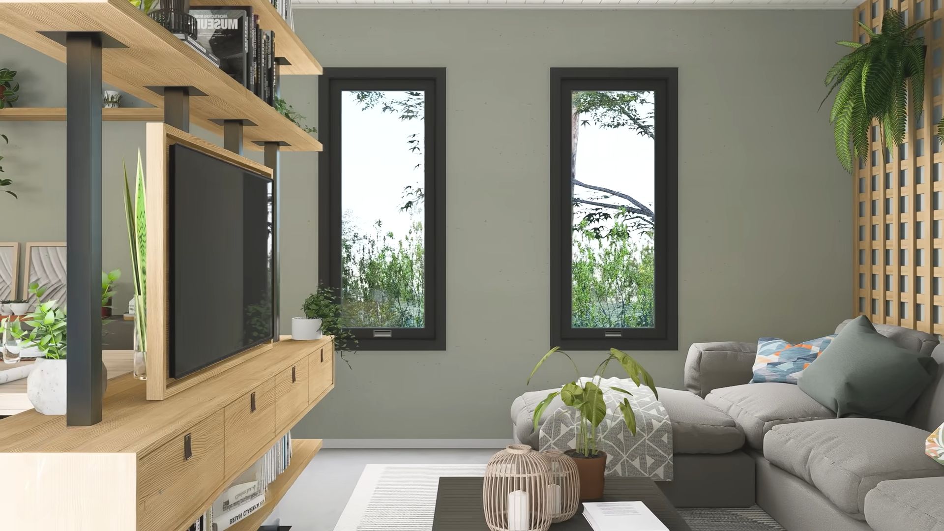 Living room with gray couch, two windows and TV