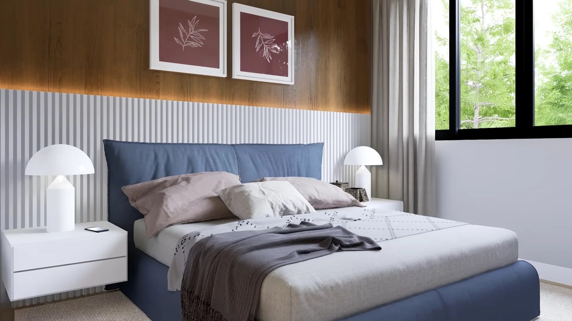 master bedroom with wooden backsplash