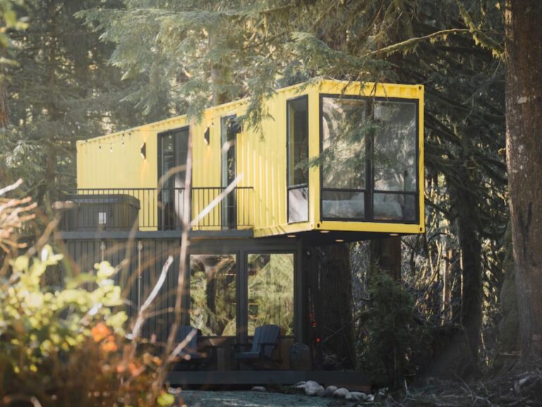 Shipping container cabin in the woods