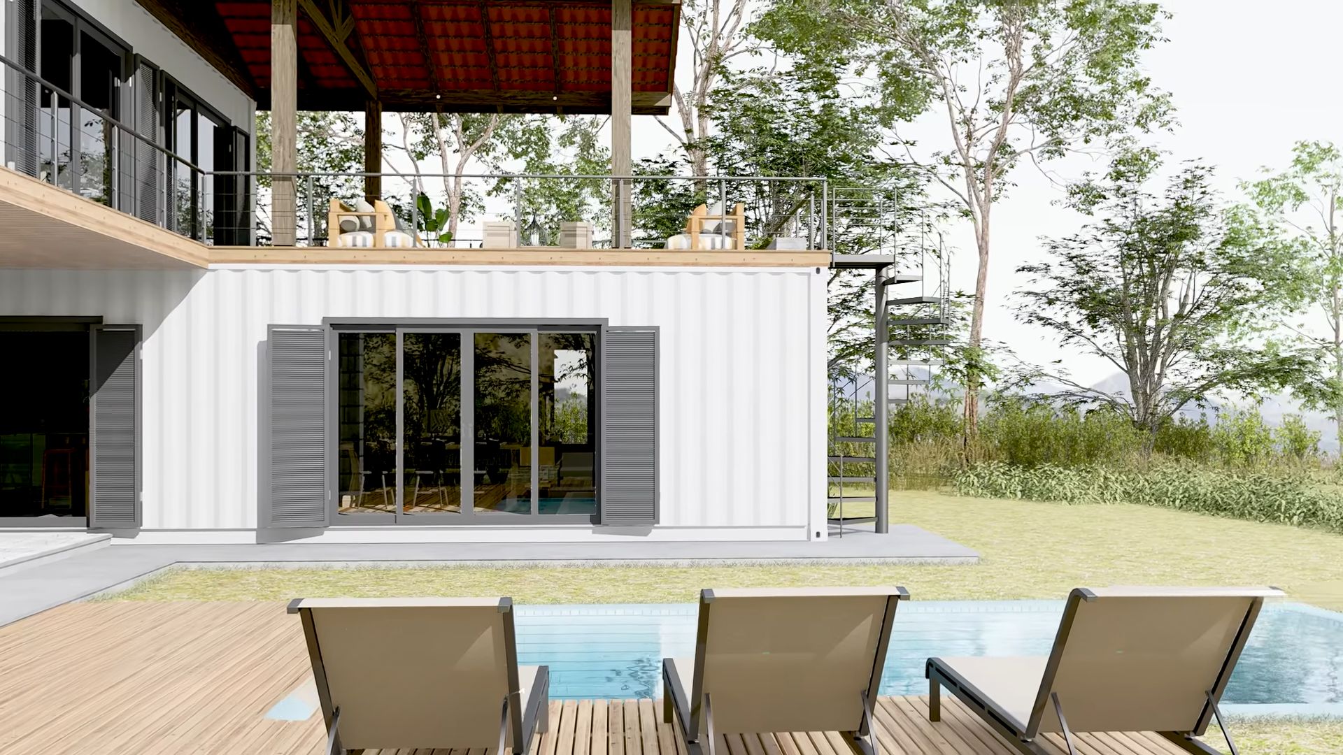 Pool area in front of container home with pool