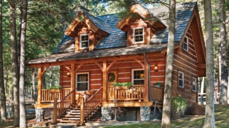 exterior of a wooden cabin in a forest